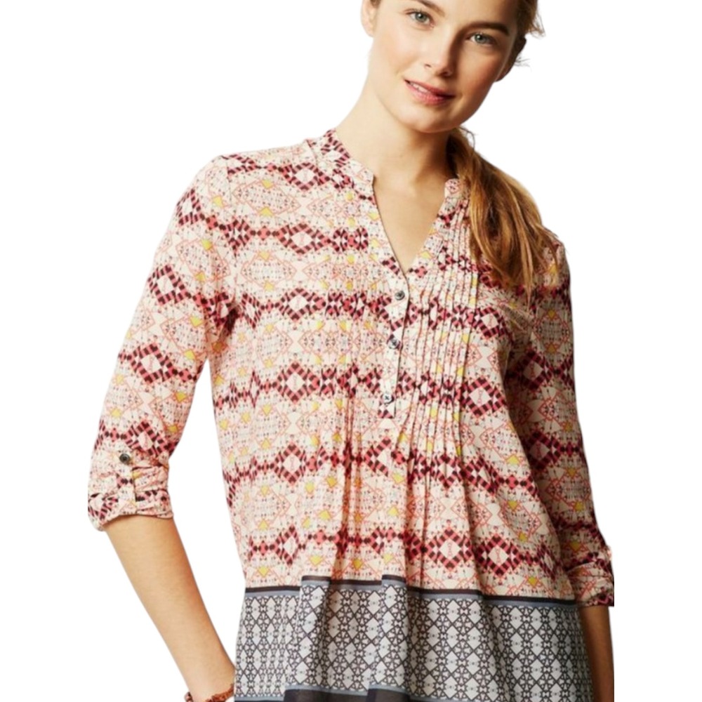 Anthropologie HD In Paris Kaveri Top Pink Blue Geo Roll Tab Sleeve Blouse Size 4